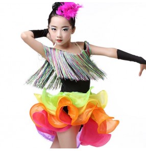 Black rainbow fringes girls kids children leotards stage performance competition professional school play latin salsa ballroom dance dresses costumes outfits